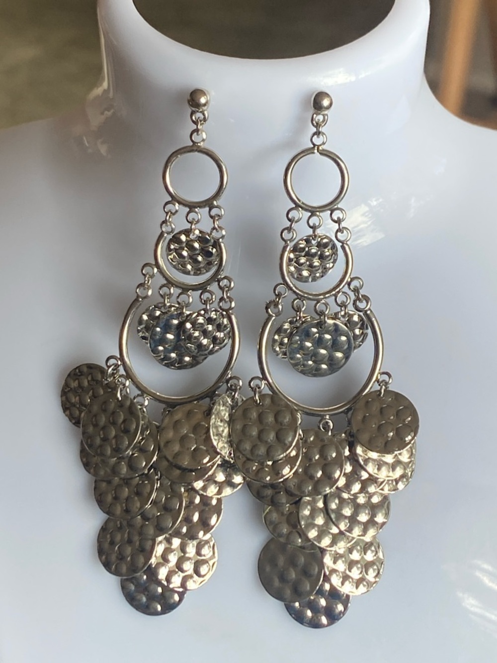 Silver Hammered Disc Chandelier Earrings - Women Jewelry